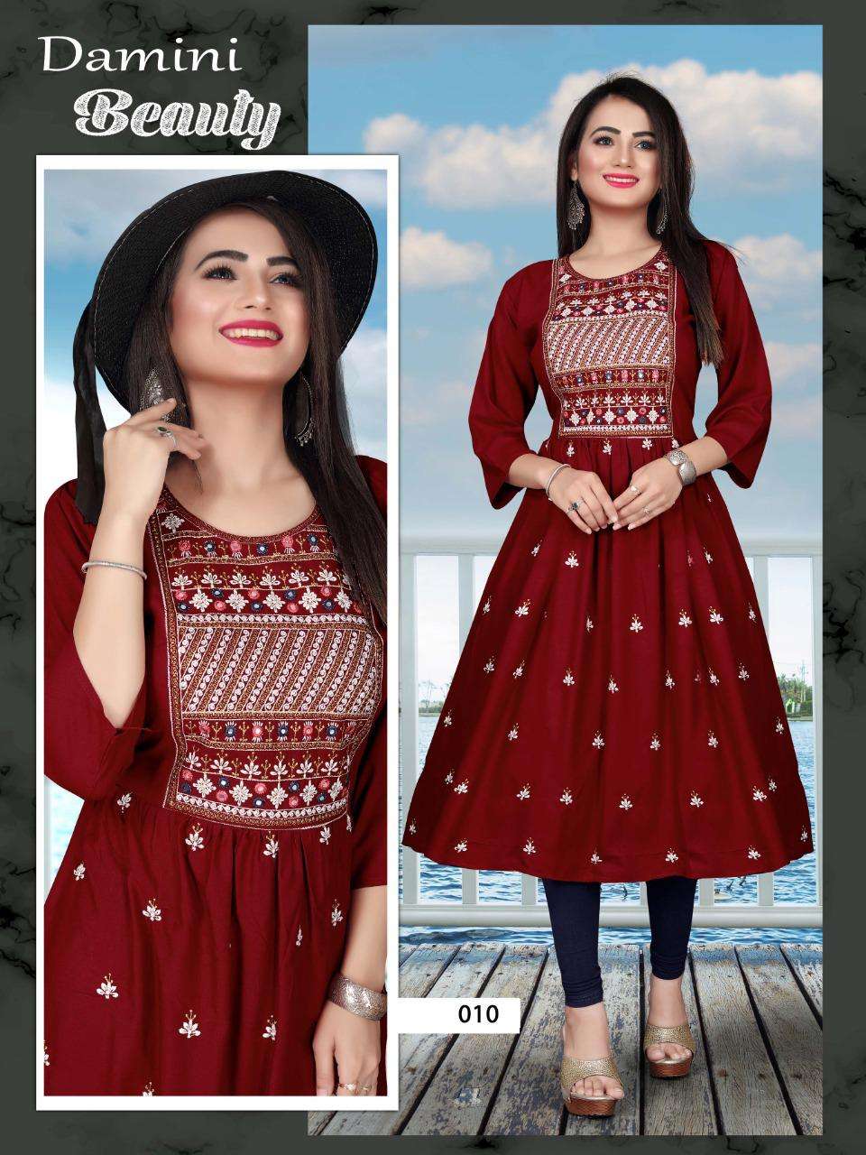 DAMINI VOL-3 BY ASLIWHOLESALE 01 TO 10 SERIES RAYON EMBROIDERY KURTIS