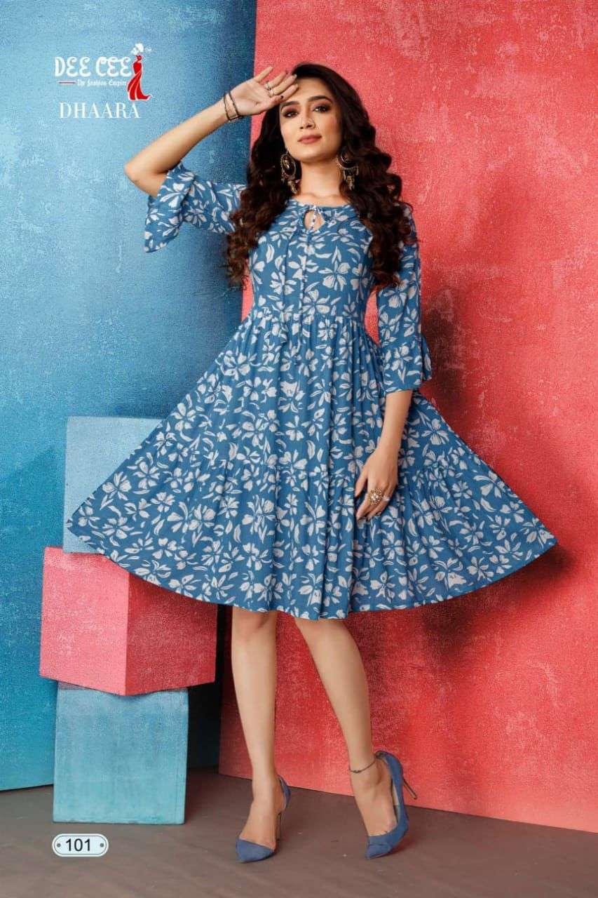 DHAARA BY DEE CEE 101 TO 106 SERIES RAYON PRINT KURTIS